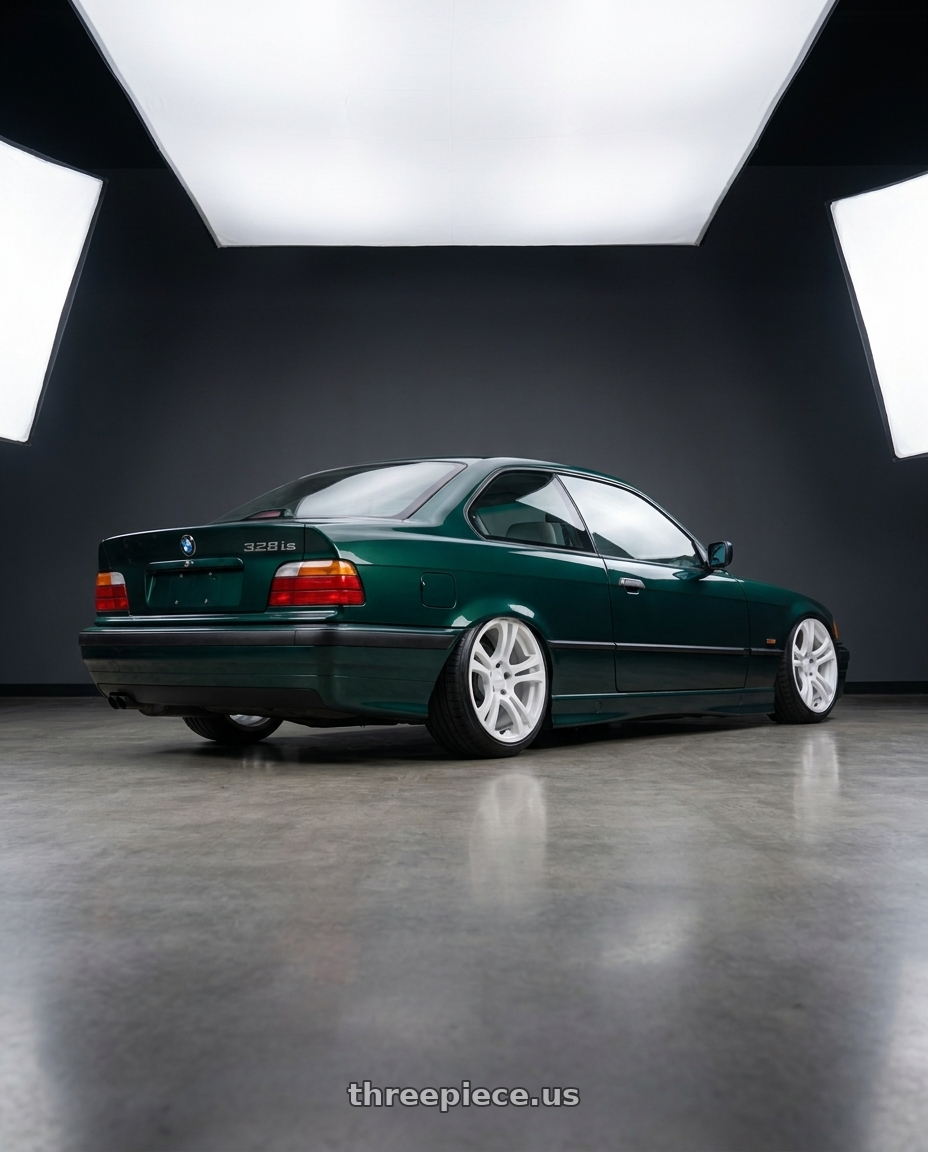 1996 Bmw e36 328is with Kansei K16W Neo 5X120 18x9 35 Gloss White wheels rear three quarter view slight stretch tires