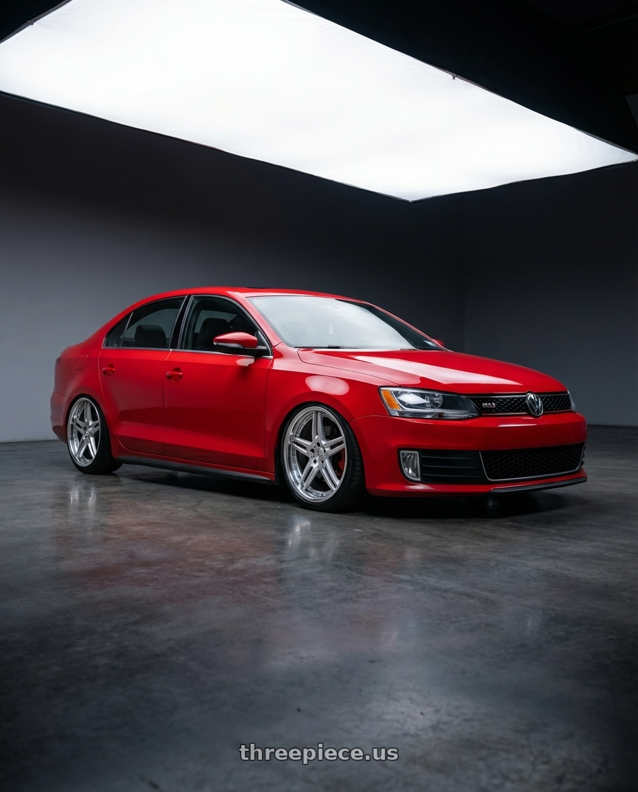 2012 Volkswagen,Jetta, gli, tornado red with DURANDAL DD5.2 SILVER POLISHED 5x105 18x9.5 +71MM wheels front three quarter view slammed stance