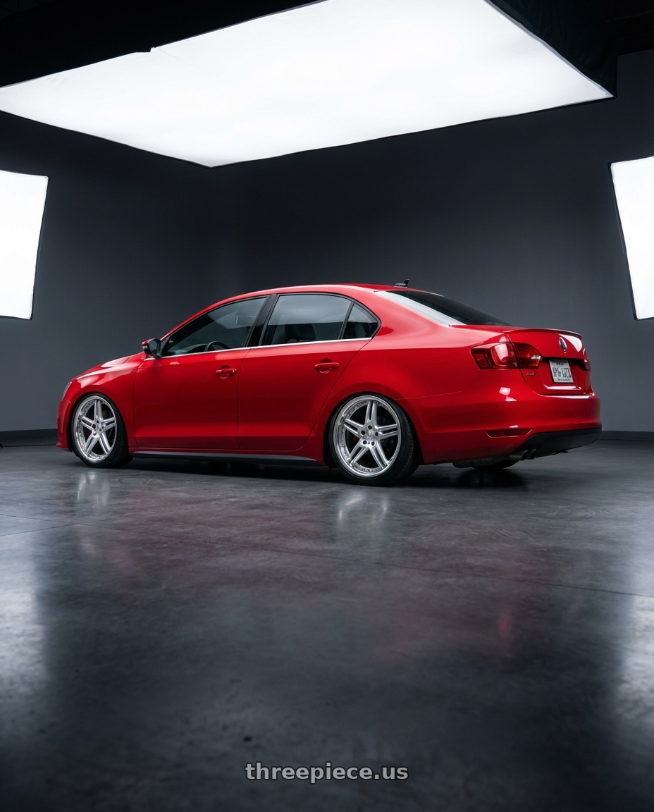 2012 Volkswagen,Jetta, gli, tornado red with DURANDAL DD5.2 SILVER POLISHED 5x105 18x9.5 +71MM wheels rear three quarter view slight stretch tires