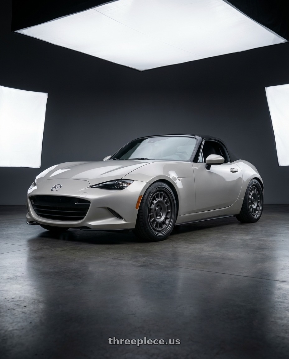 2021 Mazda MX-5 Miata ND with fifteen52 ALPEN MX 5x114.3 17x8 +38 FROSTED GRAPHITE (SATIN GREY) wheels front three quarter view lowered stance
