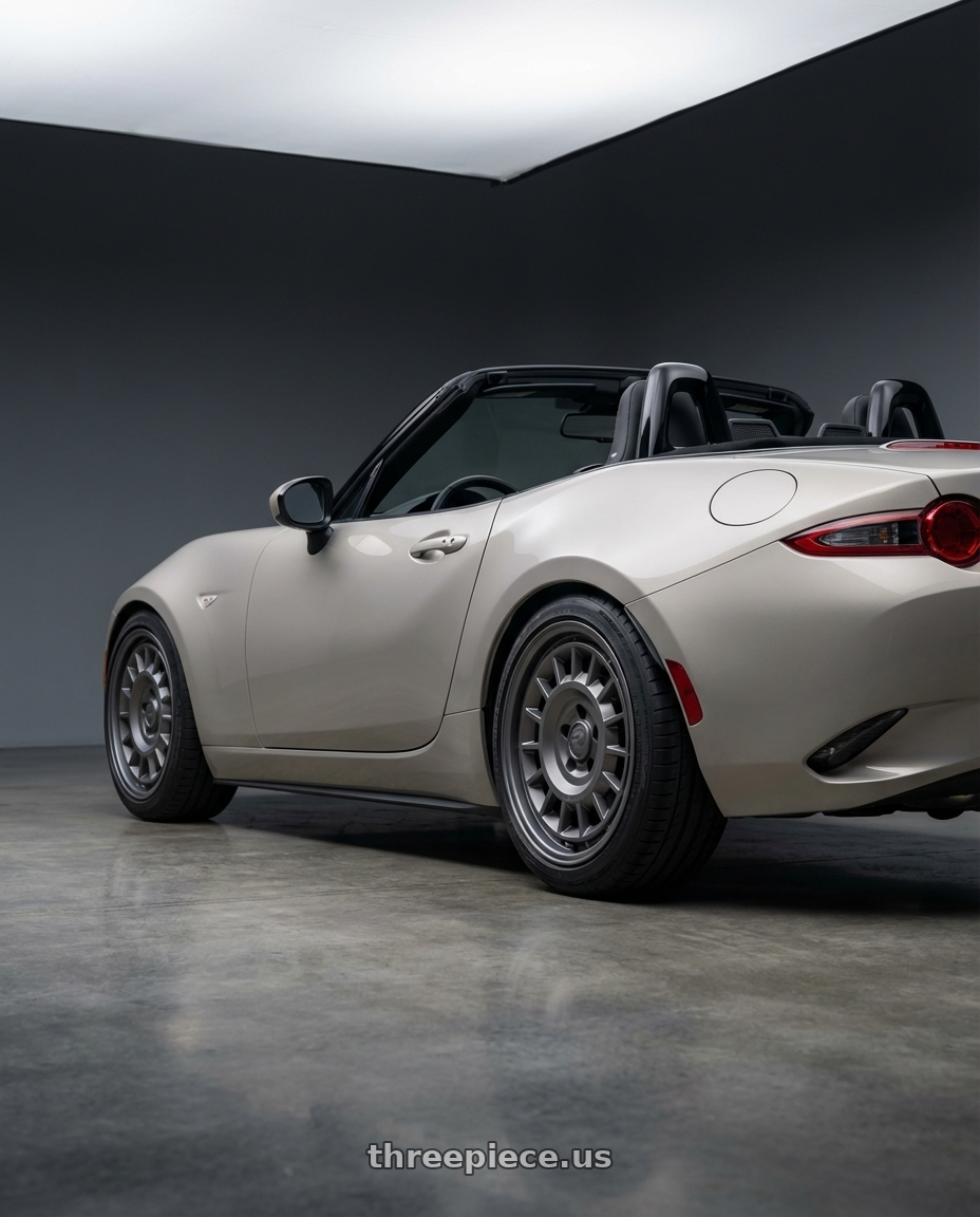 2021 Mazda MX-5 Miata ND with fifteen52 ALPEN MX 5x114.3 17x8 +38 FROSTED GRAPHITE (SATIN GREY) wheels rear three quarter view square tires