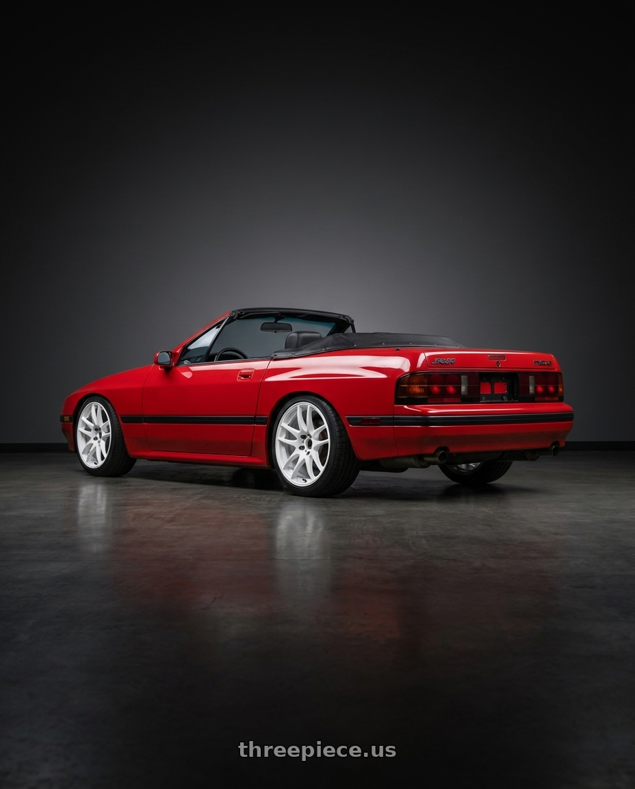 1988 RX-7 FC with Work Emotion Cr Kiwami 5x114.3 17x7 +47 White wheels rear three quarter view square tires