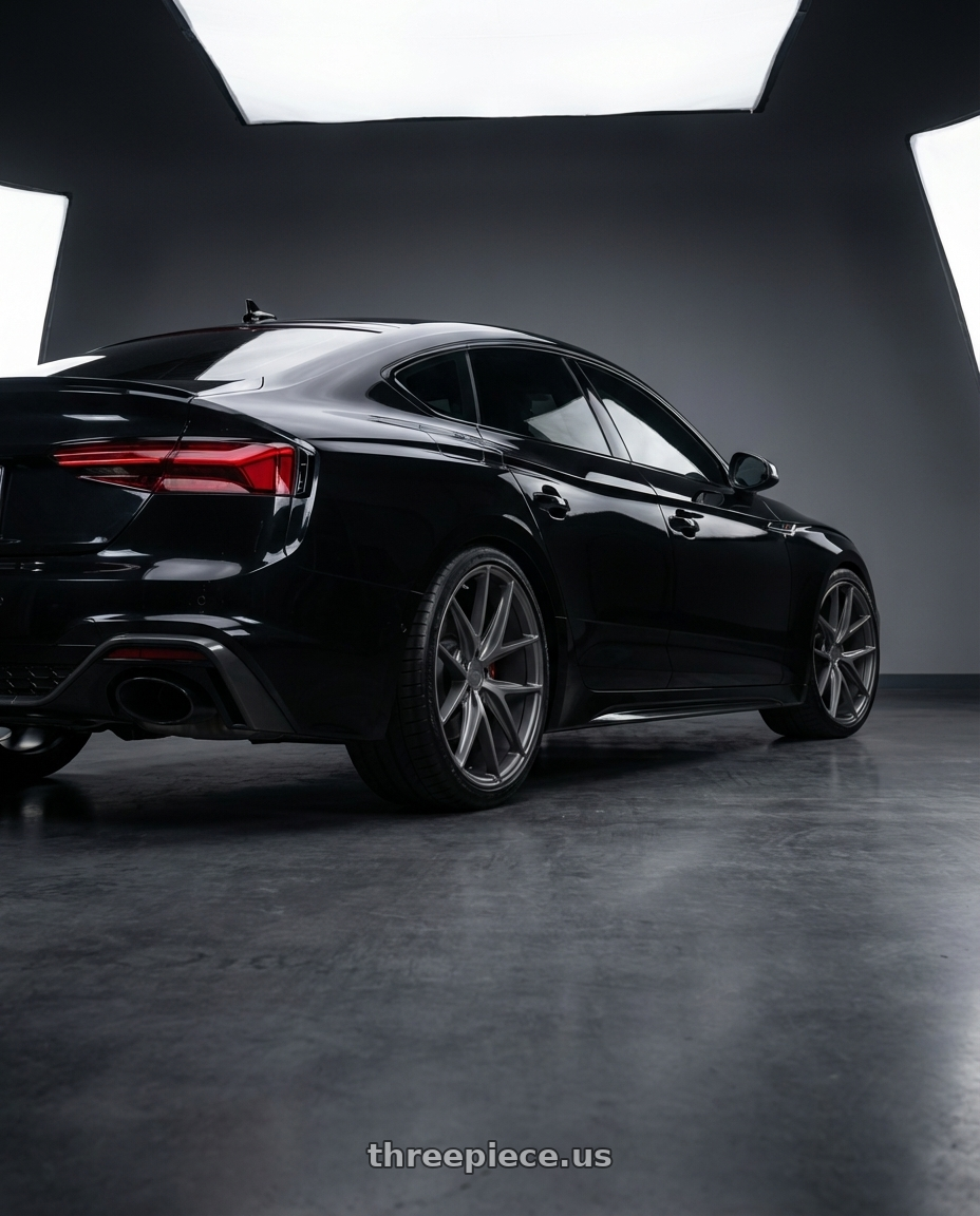 2022 Audi RS5 with Niche 1PC M116 MISANO 5X112 20X9 +32 MATTE GUN METAL wheels rear three quarter view square tires