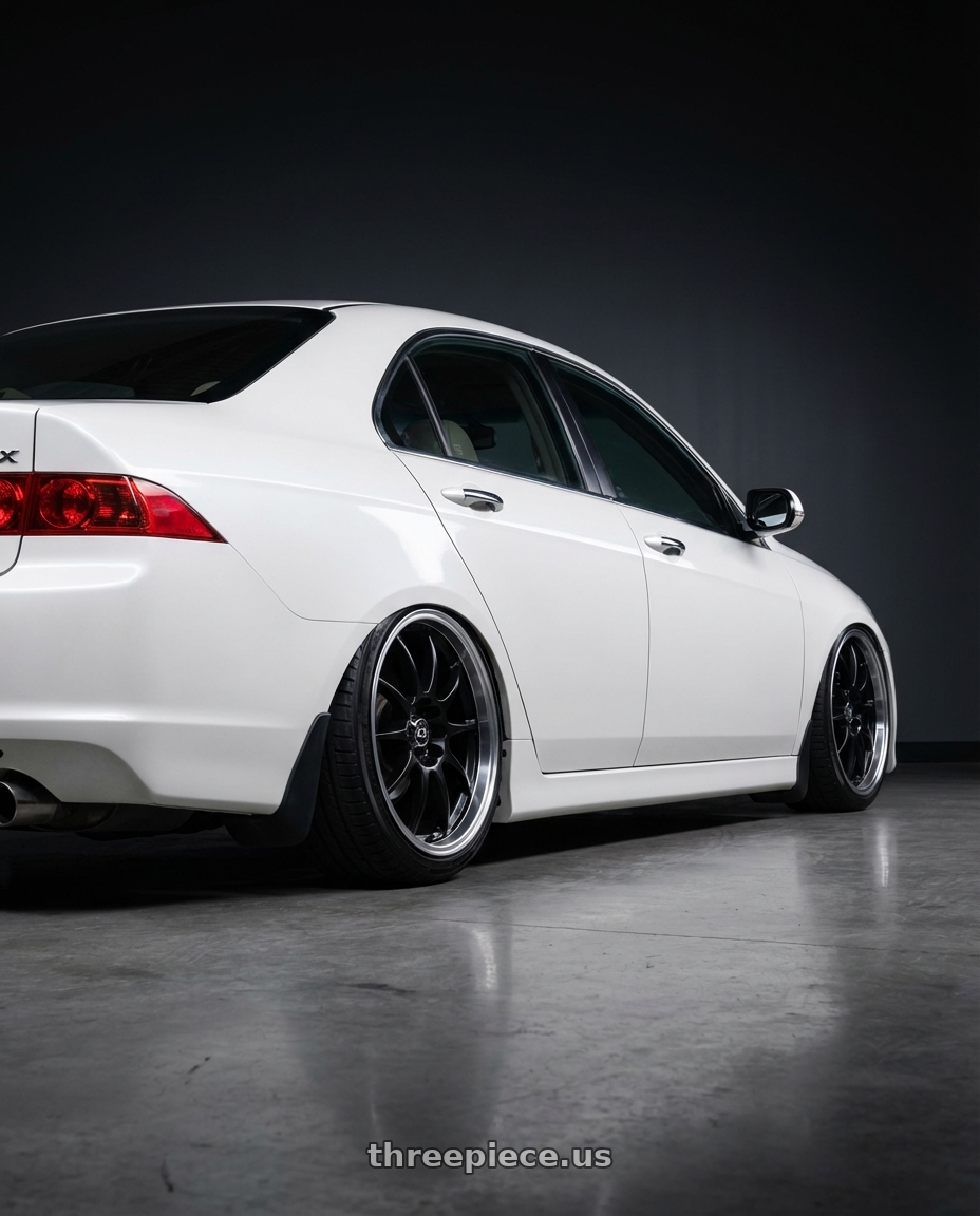 2005 Acura tsx with Enkei J10 5x100/114.3 18x7.5+38 Black w/ Machined Lip wheels rear three quarter view slight stretch tires