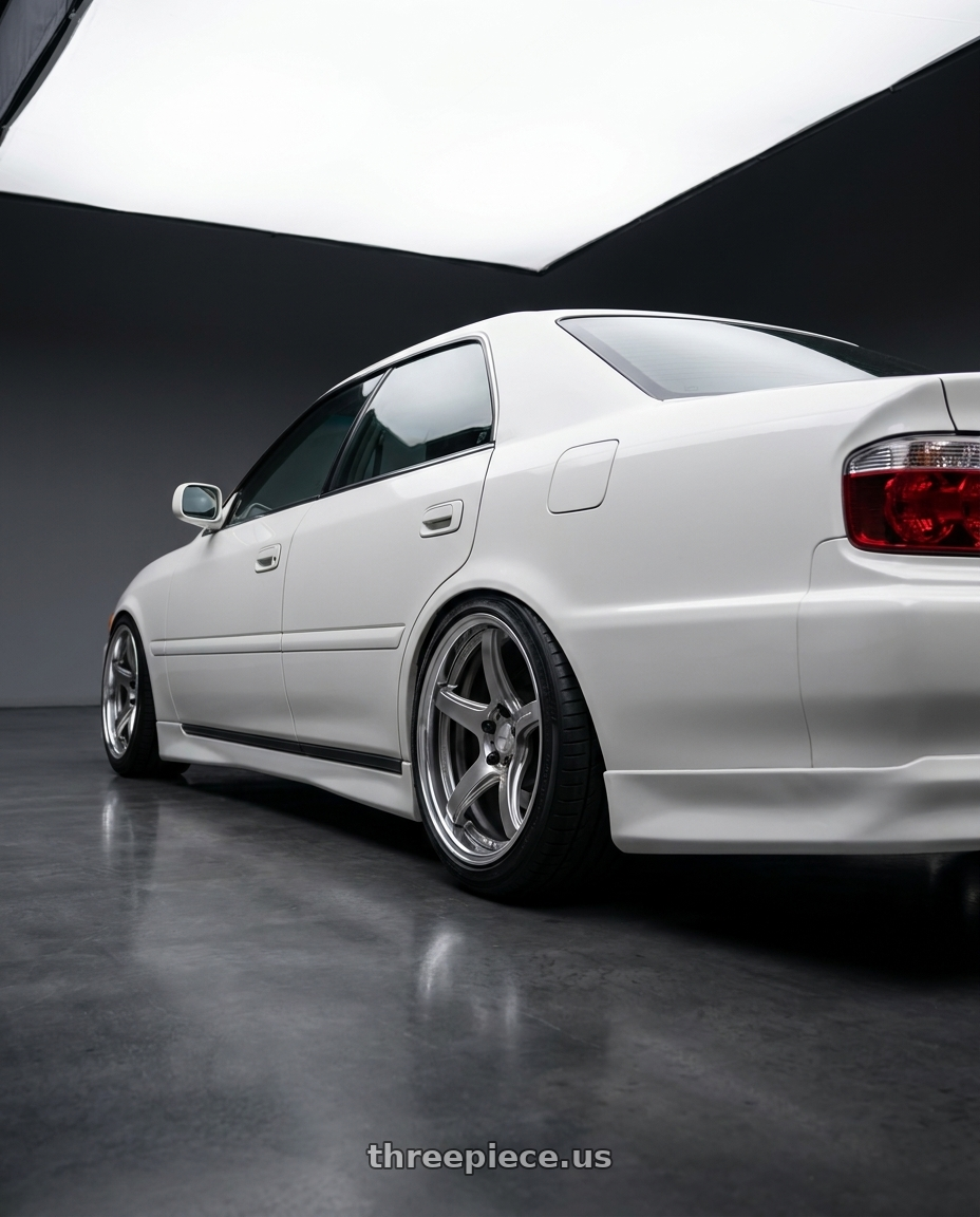 1998 Toyota Chaser with Work T5R 2P 5x114.3 18x9.5 +22 GT SILVER wheels rear three quarter view square tires