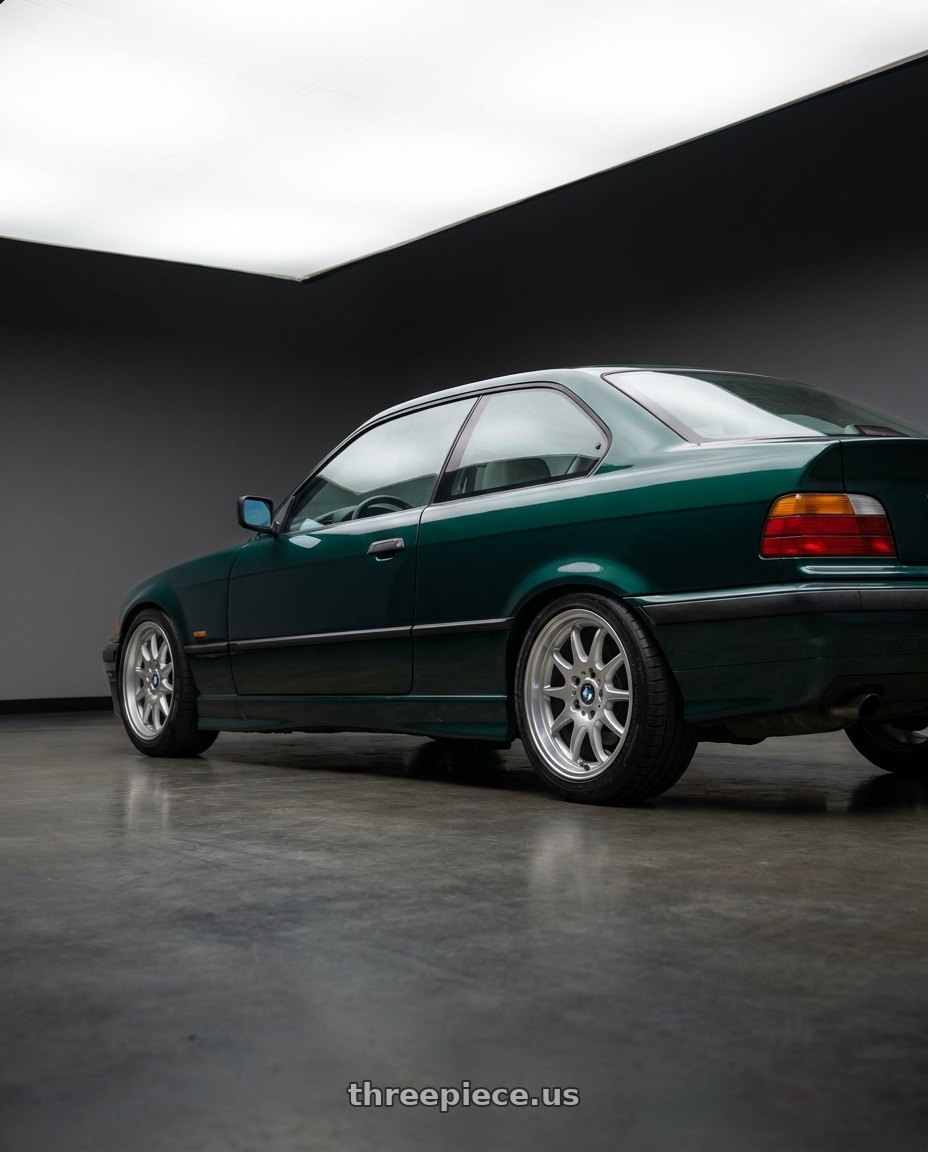 1996 Bmw E36 328Is with ESR Wheels APEX SERIES AP8 5x120 18x8.5 +30 Hyper Silver wheels rear three quarter view square tires