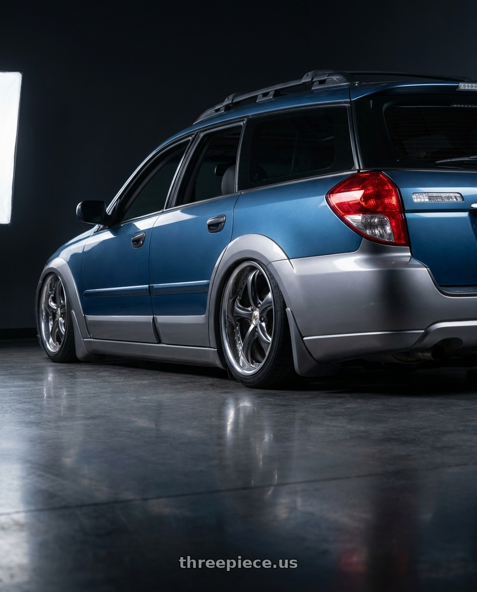2008 Subaru Outback 2 5i with Work Wheels VS-KF 5x100 18x8+40 Brilliant Silver Black A Disk FULL REVERSE wheels rear three quarter view square tires