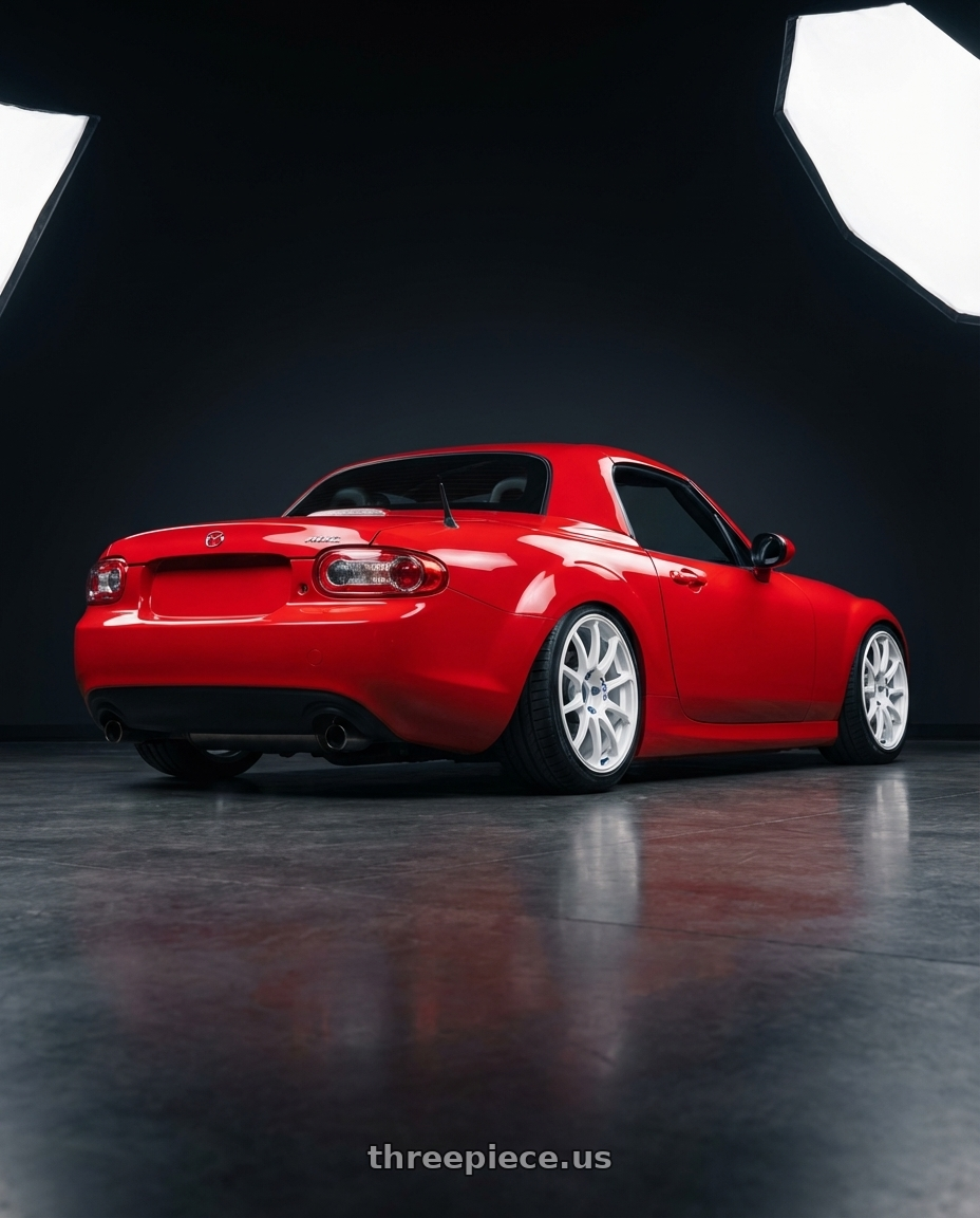 2012 Mazda MX-5 Miata NC with Advan RCIII 5x114.3 17x7+45 White wheels rear three quarter view slight stretch tires