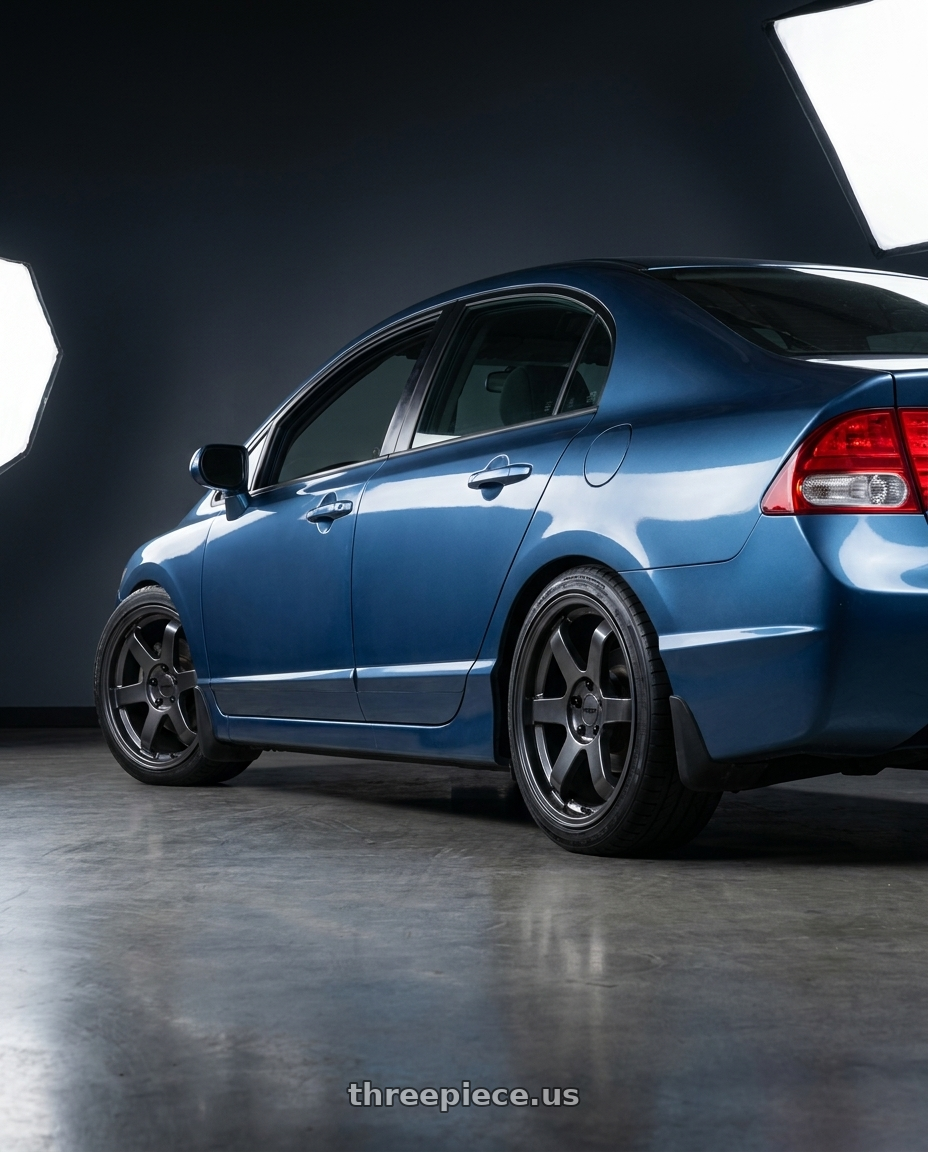 2010 Honda civic with KATANA RACING KR08 5x114.3 18x8 +40 Glossy GunMetal wheels rear three quarter view square tires