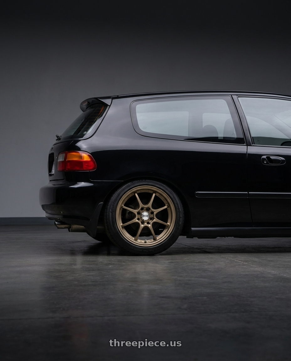 1994 Honda Civic CX with Konig Helium 4x100 15x6.5+40 Bronze wheels rear three quarter view square tires