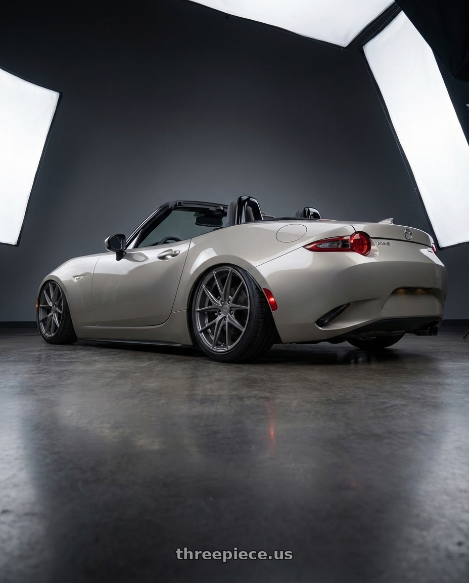 2021 Mazda MX-5 Miata ND with Niche 1PC M116 MISANO 5X114.3 17X8 +40 MATTE GUN METAL wheels rear three quarter view slight stretch tires