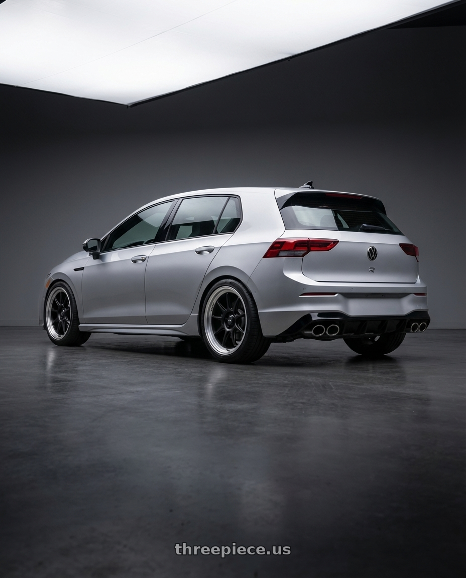 2024 Volkswagen Golf R MK8 with Konig Countergram 5x112 19x11+40 Matte Black / Matte Machined Lip wheels rear three quarter view square tires