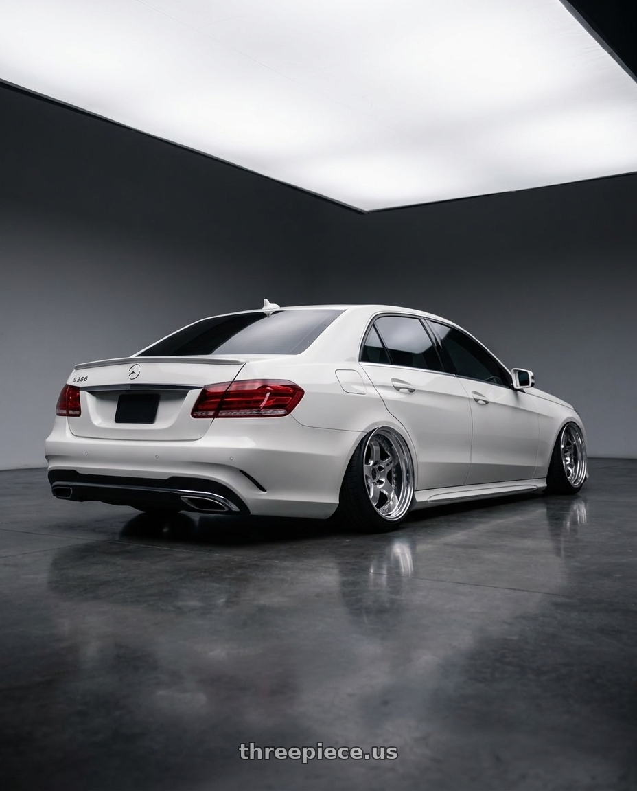 2014 Mercedes Benz e350 white with Work Meister S1 3P 5x112 18x8.5+35 L Disk Bright Buff Finish wheels rear three quarter view extreme stretch tires