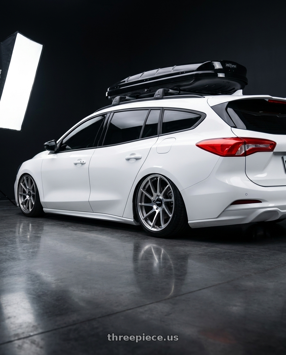 2023 ford focus wagon with Rotiform 1PC R135 CCV 5X112 19X8.5 +45 GLOSS SILVER MACHINED wheels rear three quarter view slight stretch tires
