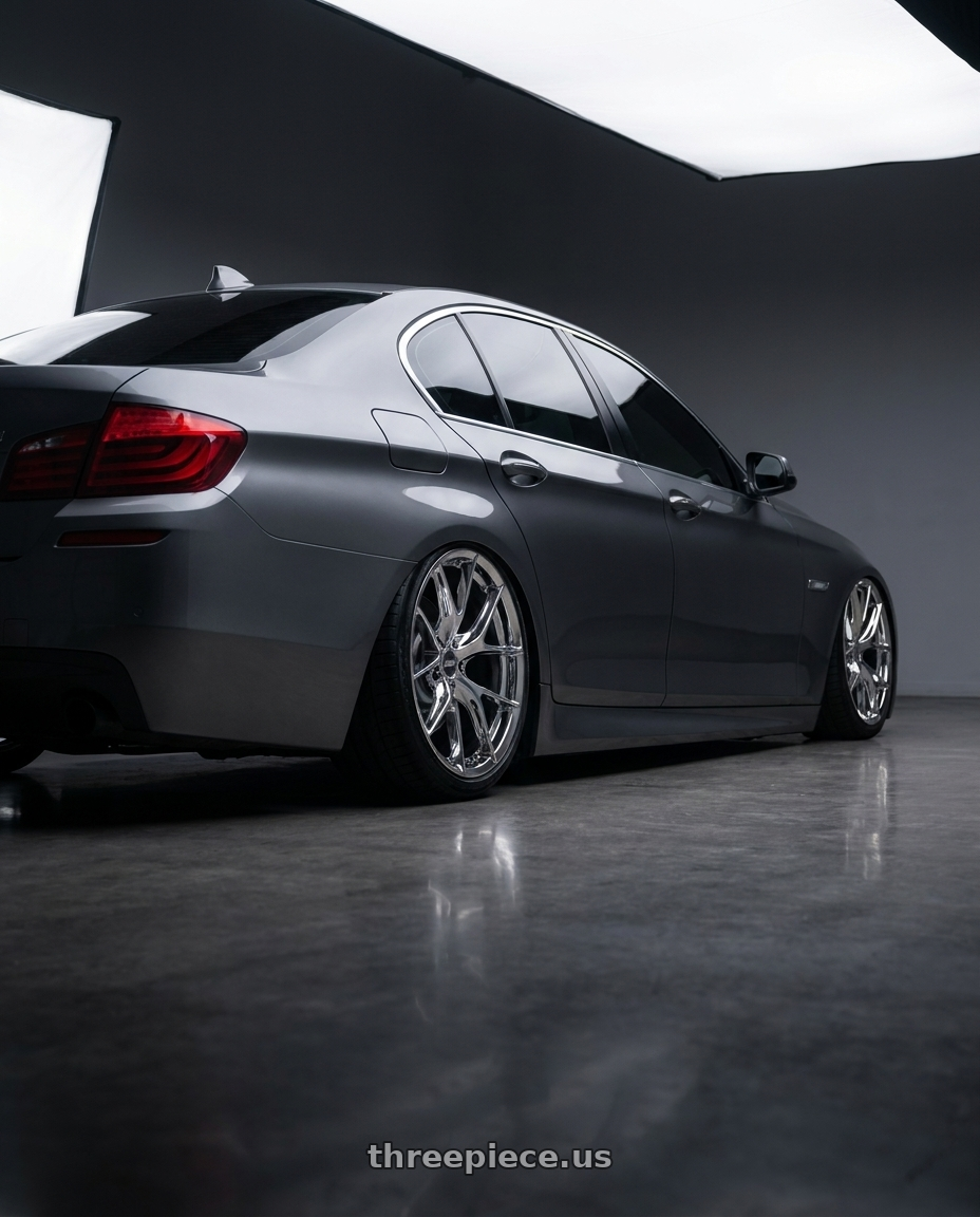 2016 bmw 528i with ESR Wheels RF2 5x120 18x9.5 +35 Chrome wheels rear three quarter view square tires