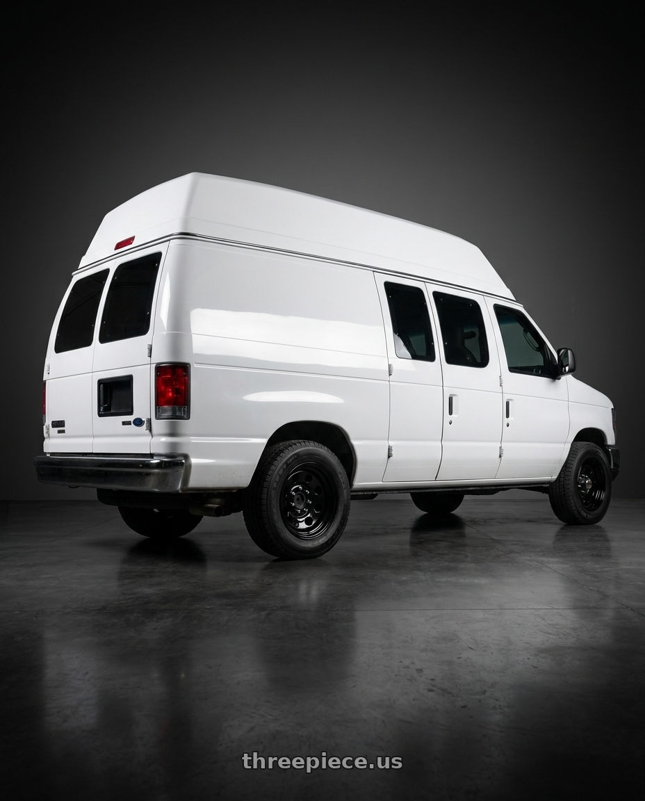 2014 Ford E350 Super duty with Vision HD 85H 8x165.1 16x8-6 Gloss Black wheels rear three quarter view square tires