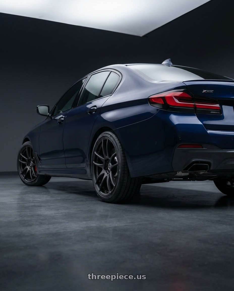 2022 540i x drive with Work Emotion Cr Kiwami 5x112 19x9.5 +38 Matte Black wheels rear three quarter view square tires