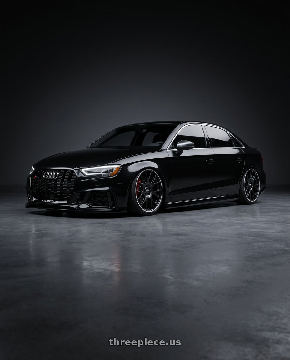 2017 Audi RS3 with BBS CH-R 5x112 20x10.5 +25 Satin Black Polished Rim Protector wheels front three quarter view slammed stance