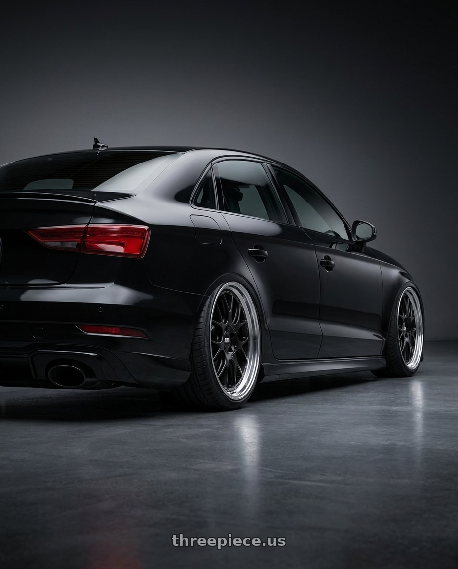 2017 Audi RS3 with BBS CH-R 5x112 20x10.5 +25 Satin Black Polished Rim Protector wheels rear three quarter view extreme stretch tires