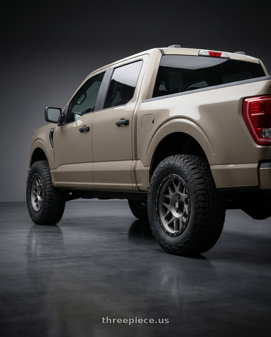 2013 Ford F-150 with XD XD127 BULLY 6X135 20X9 +0 MATTE GRAY BLACK RING wheels rear three quarter view meaty tires