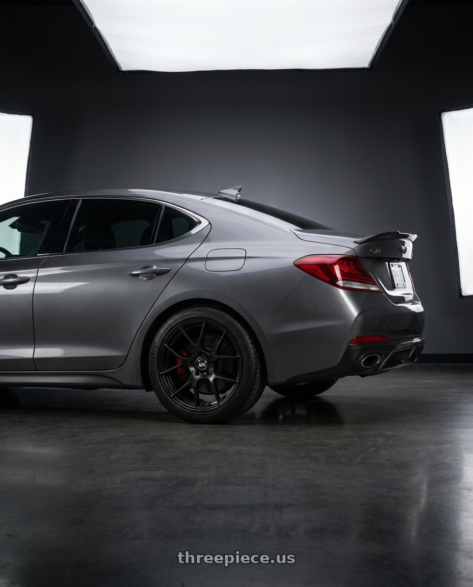 2019 Genesis G70 with Enkei Raijin 5x114.3 19x8.5+50 Black wheels rear three quarter view square tires
