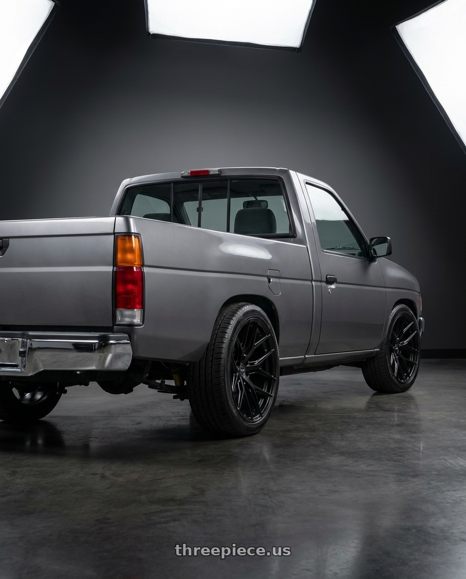 1994 Nissan D21 Xe Grey with VOSSEN HF6-4 6X139.7 18x9 +0 SATIN BLACK wheels rear three quarter view square tires