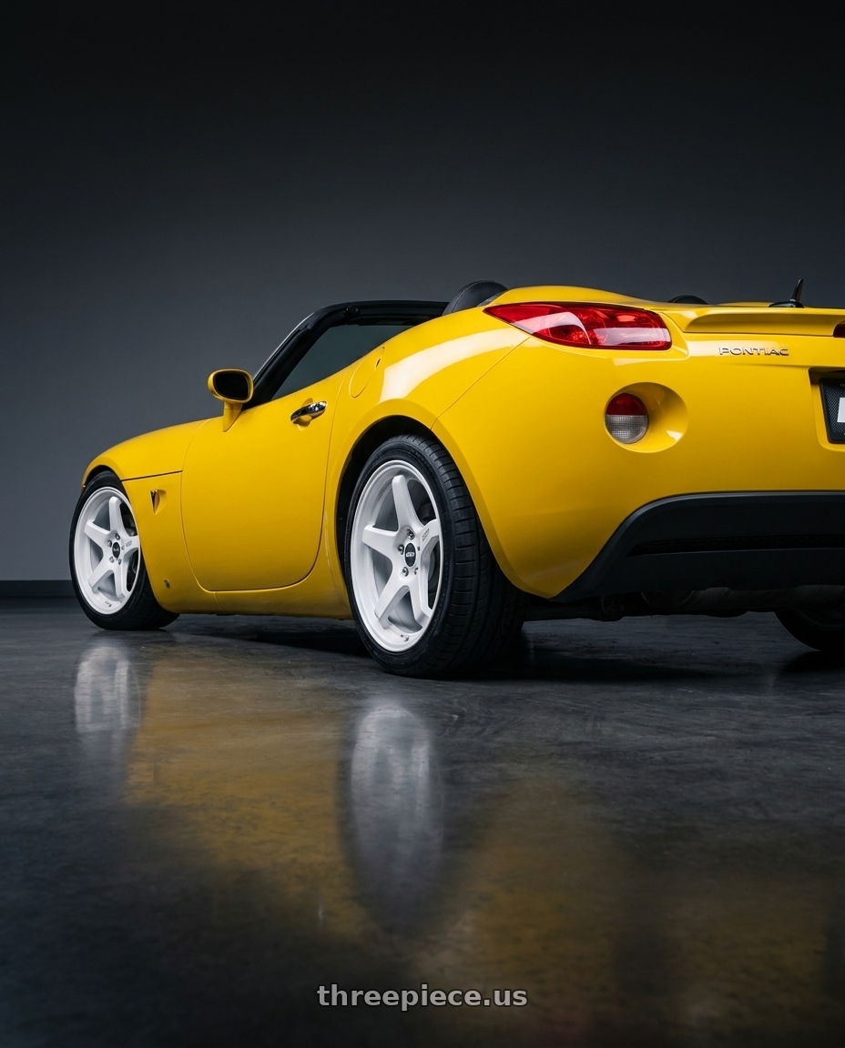 2007 Pontiac Solstice with ESR Wheels APX5C 5x110 18x9.5 +35 Gloss White wheels rear three quarter view square tires