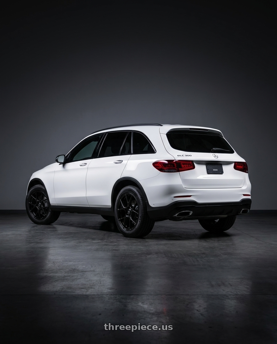 2022 Mercedes Glc300 with Konig 107GB Diverge 5x108 18x8 +42 Gloss Black wheels rear three quarter view square tires
