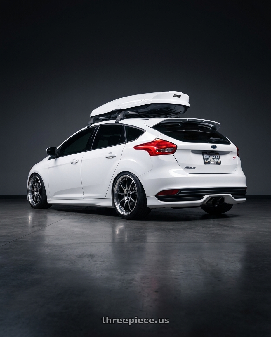 2017 Ford Focus St with Work Emotion D9r 5x108 18x9.5 +23 Gt Silver Rim Cut wheels rear three quarter view square tires