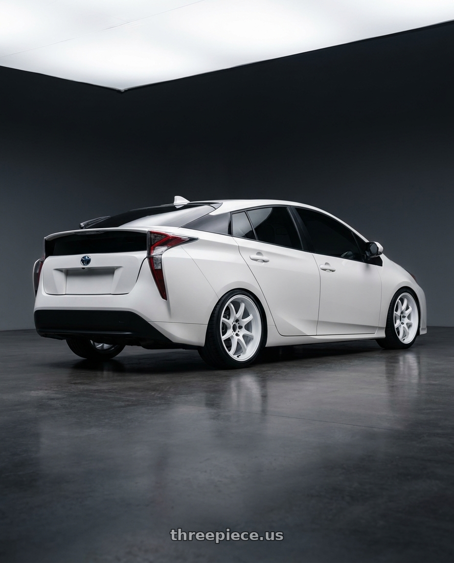 2017 toyota prius zvw 50 with Work Emotion D9r 5x100 18x8.5 +32 White wheels rear three quarter view square tires