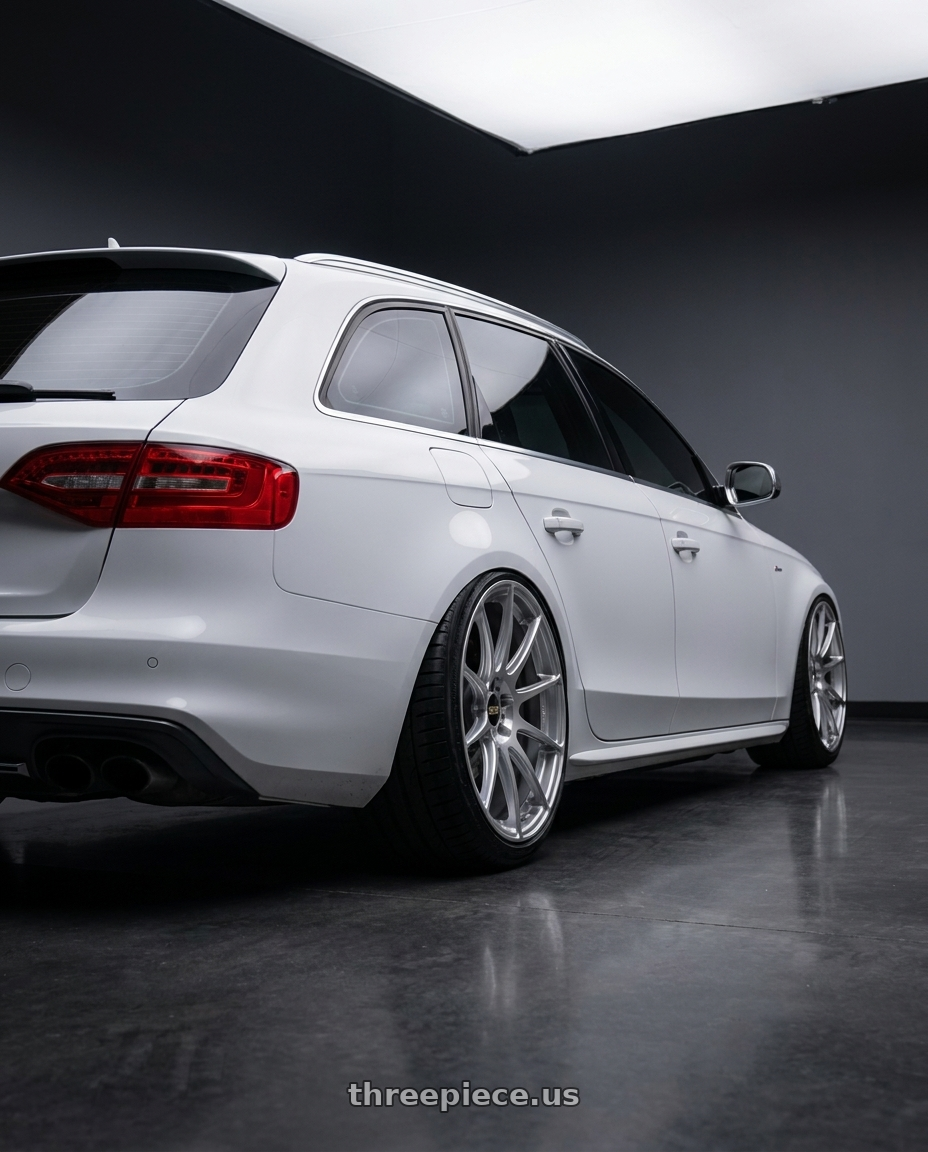 2016 audi s4 avant white with BBS FS 5x112 19x10 +38 PFS Diamond Silver wheels rear three quarter view extreme stretch tires