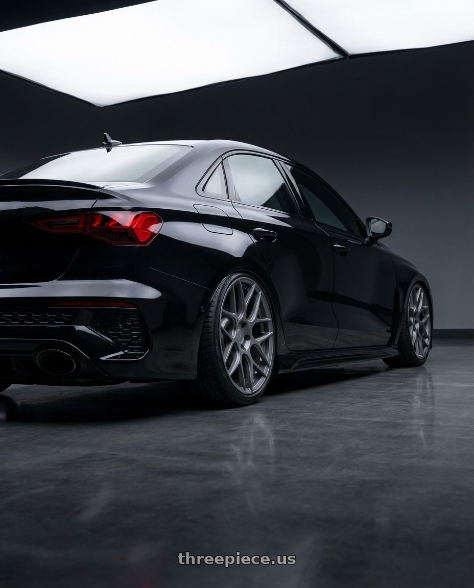 2022 Audi RS3 8Y with Aodhan AFF2 5x112 19x9.5+35 Matte Gray wheels rear three quarter view slight stretch tires