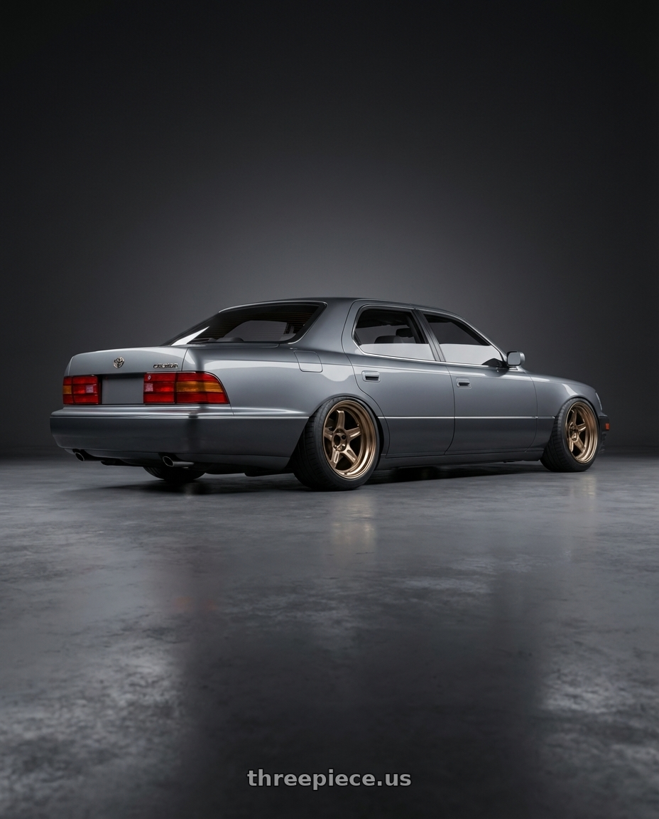 1991 toyota celsior  with Volk Racing 21C SPEC-SR 5x114.3 18x9.5 +20 SHINING BRONZE METAL wheels rear three quarter view meaty tires