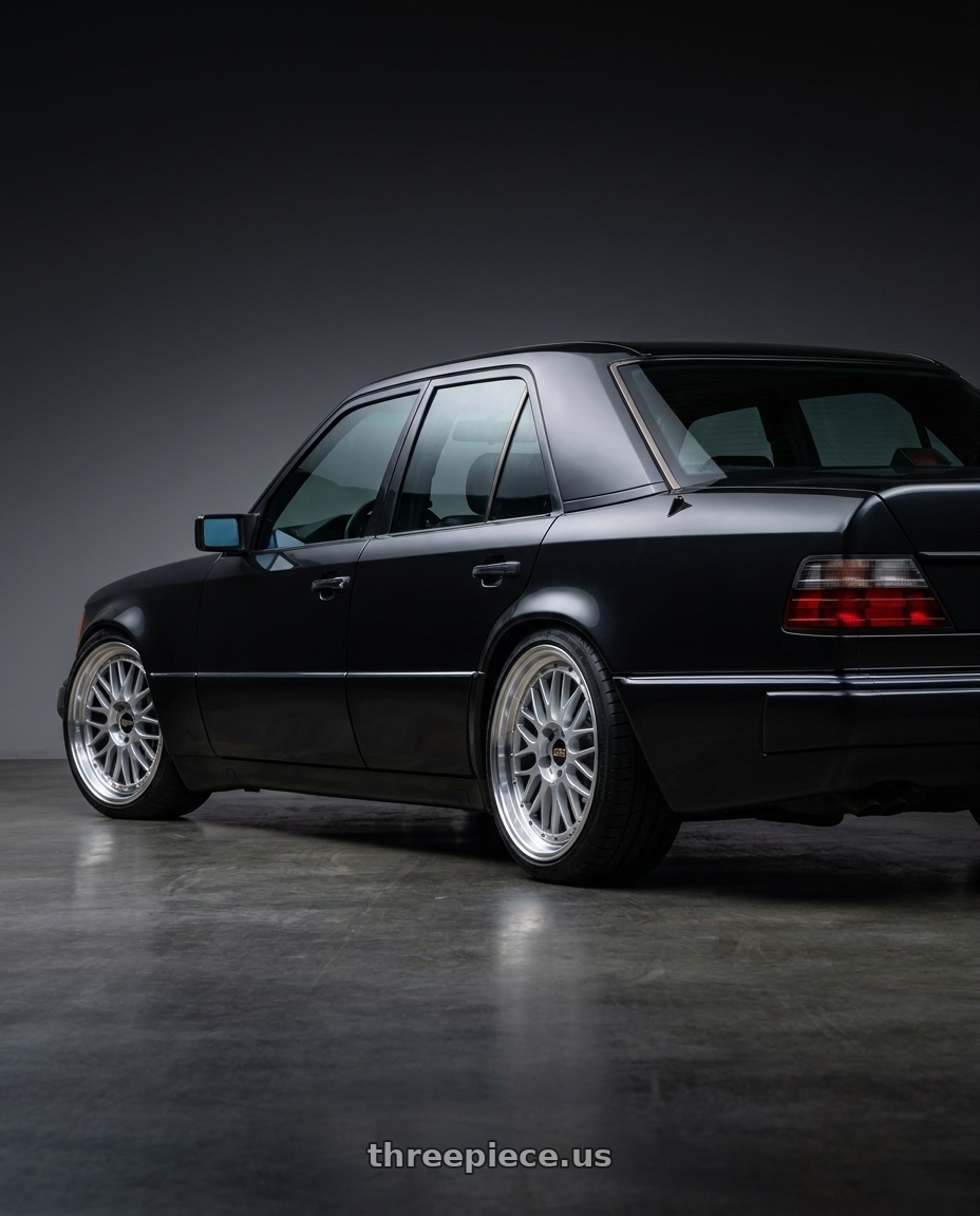 1991 Mercedes-benz 500e with BBS LM 5x114.3 17x7.5+38 Diamond Silver wheels rear three quarter view square tires
