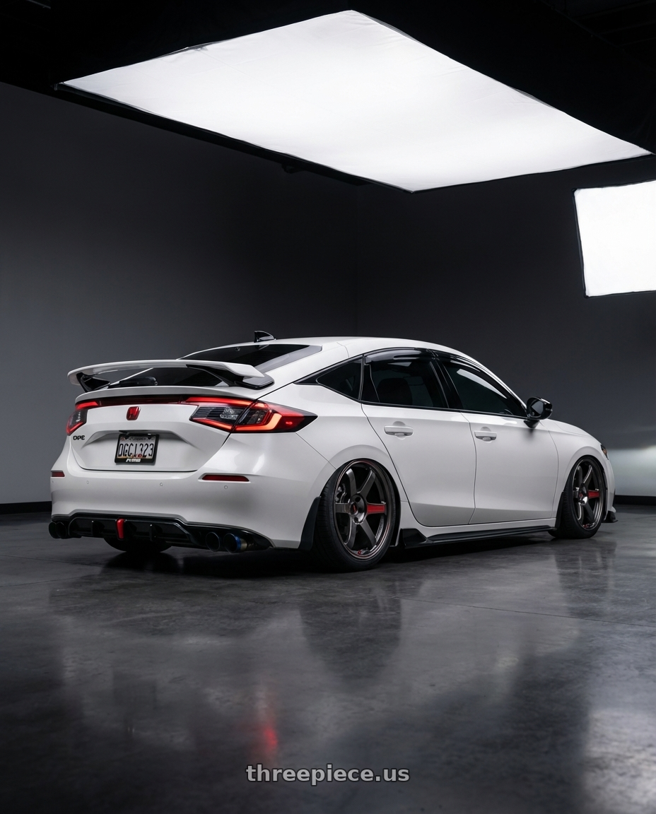 2024 Honda Civic Hatchback Sports Touring with Volk Racing TE37 Saga SL 5x114.3 18x9.5+35 Pressed Graphite wheels rear three quarter view square tires