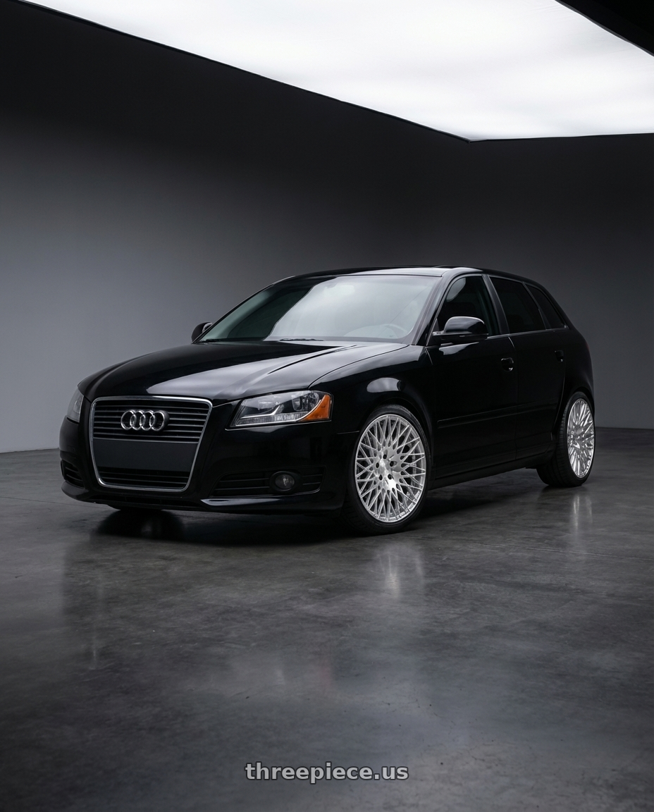 2012 Audi A3 8P with Avant Garde Wheels M540 5X112 18x9 +48 Silver Machined wheels front three quarter view lowered stance