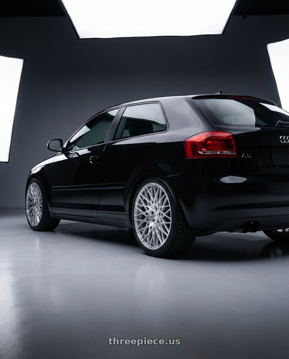 2012 Audi A3 8P with Avant Garde Wheels M540 5X112 18x9 +48 Silver Machined wheels rear three quarter view square tires