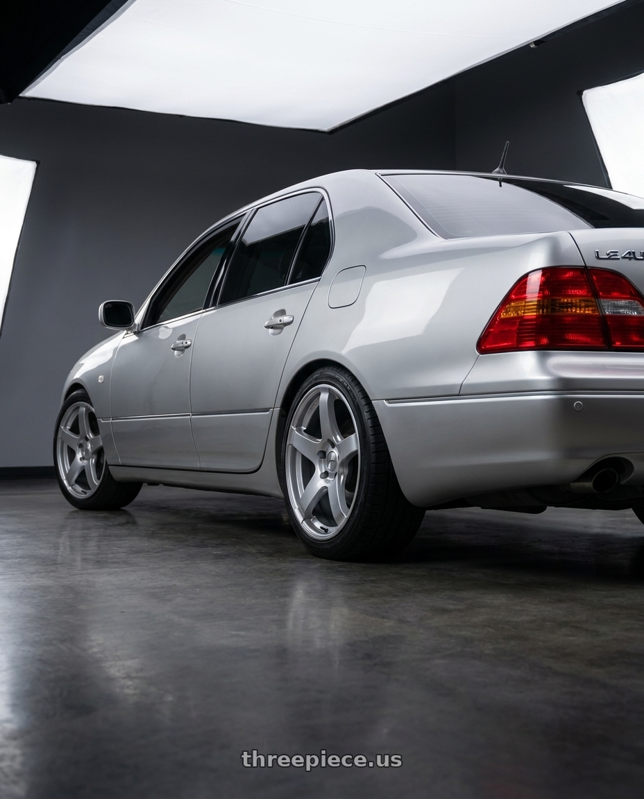 2001 Lexus LS430 with Ssr Gtv01 5x114.3 19x8.5+38  GLARE SILVER wheels rear three quarter view square tires