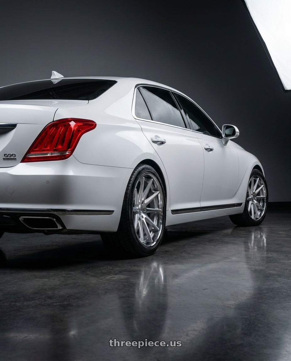 2018 genesis g90 ultimate with Rohana RFC10 5x114.3 20x9+25 Machine Silver/Chrome Lip wheels rear three quarter view square tires