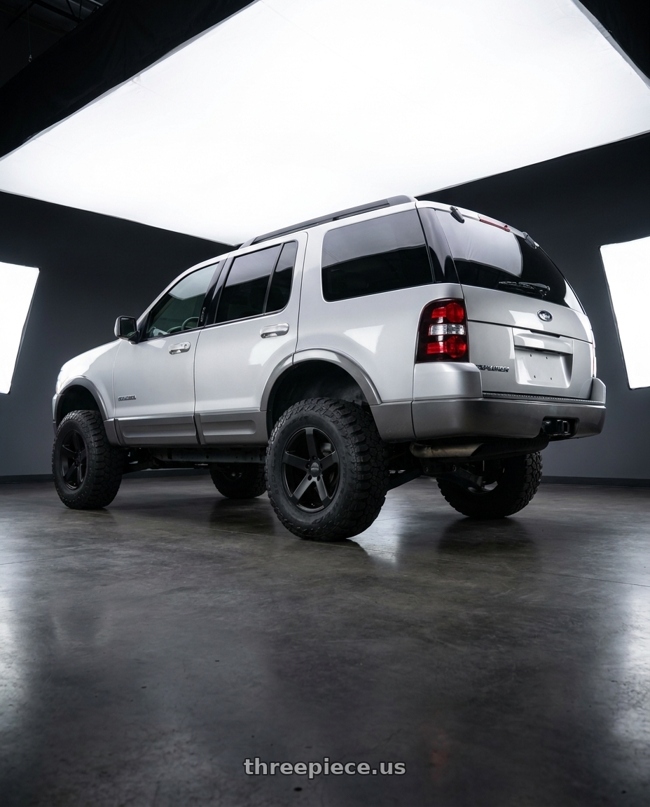 2004 ford explorer with Petrol P3B 5X114.3 15X6.5 +38 MATTE BLACK wheels rear three quarter view meaty tires