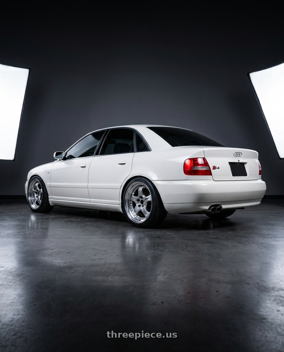 2001 Audi s4 with Work Meister S1 3P 5x112 18x8.5+29 A Disk Silver wheels rear three quarter view square tires