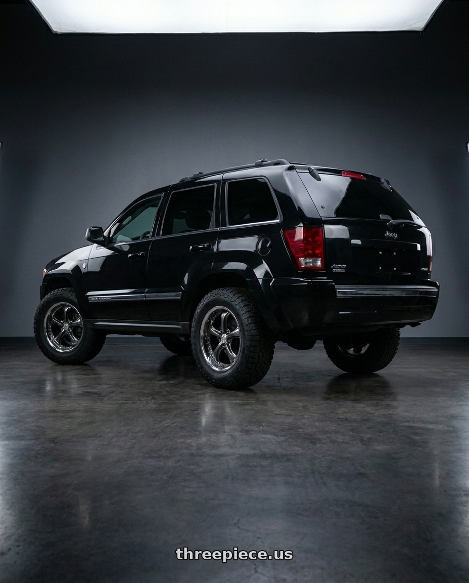 2006 Jeep Grand Cherokee with Work Wheels VS-KF 5X114.3 19x7.5-11 Brilliant Silver Black R Disk FULL REVERSE wheels rear three quarter view meaty tires