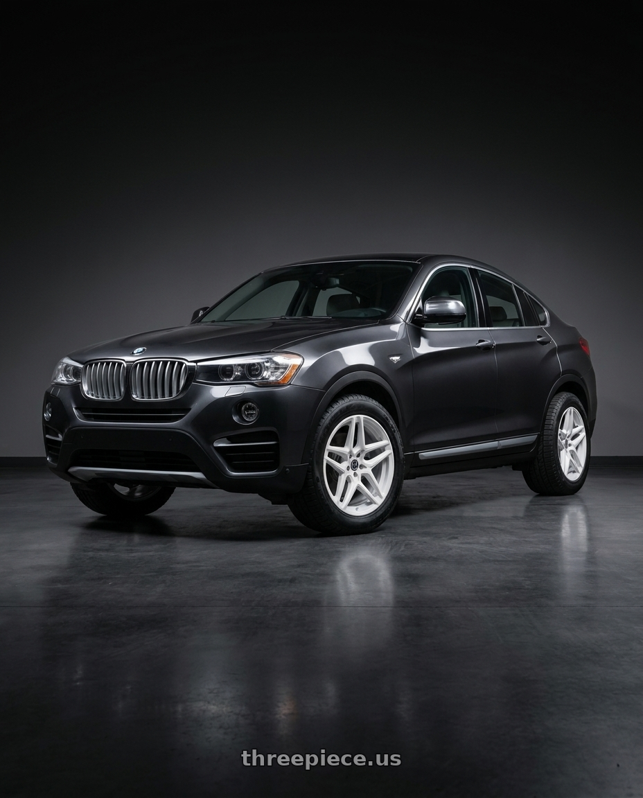 2016 BMW X4 with Heritage Wheel EBISU MonoC 5x120 18x8.5+35 White wheels front three quarter view stock stance