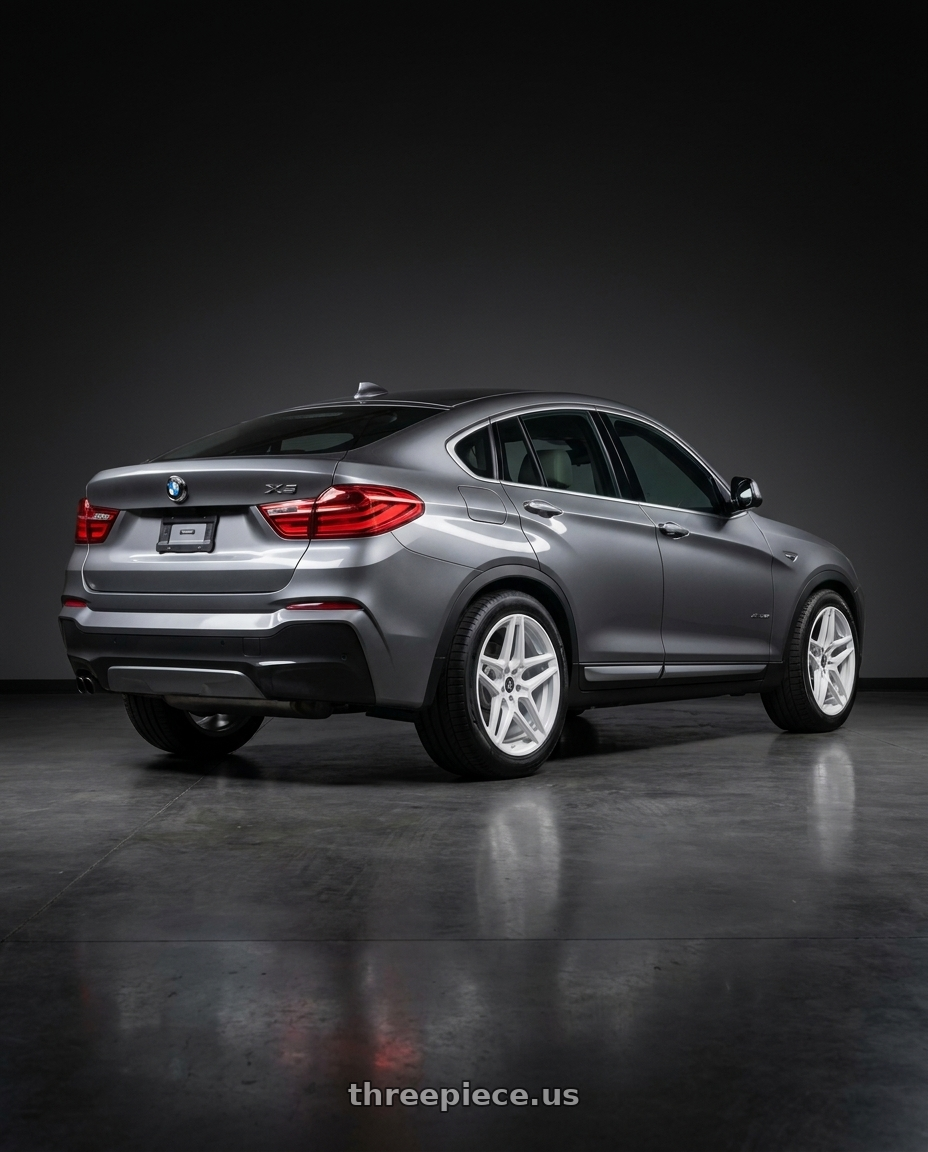 2016 BMW X4 with Heritage Wheel EBISU MonoC 5x120 18x8.5+35 White wheels rear three quarter view meaty tires