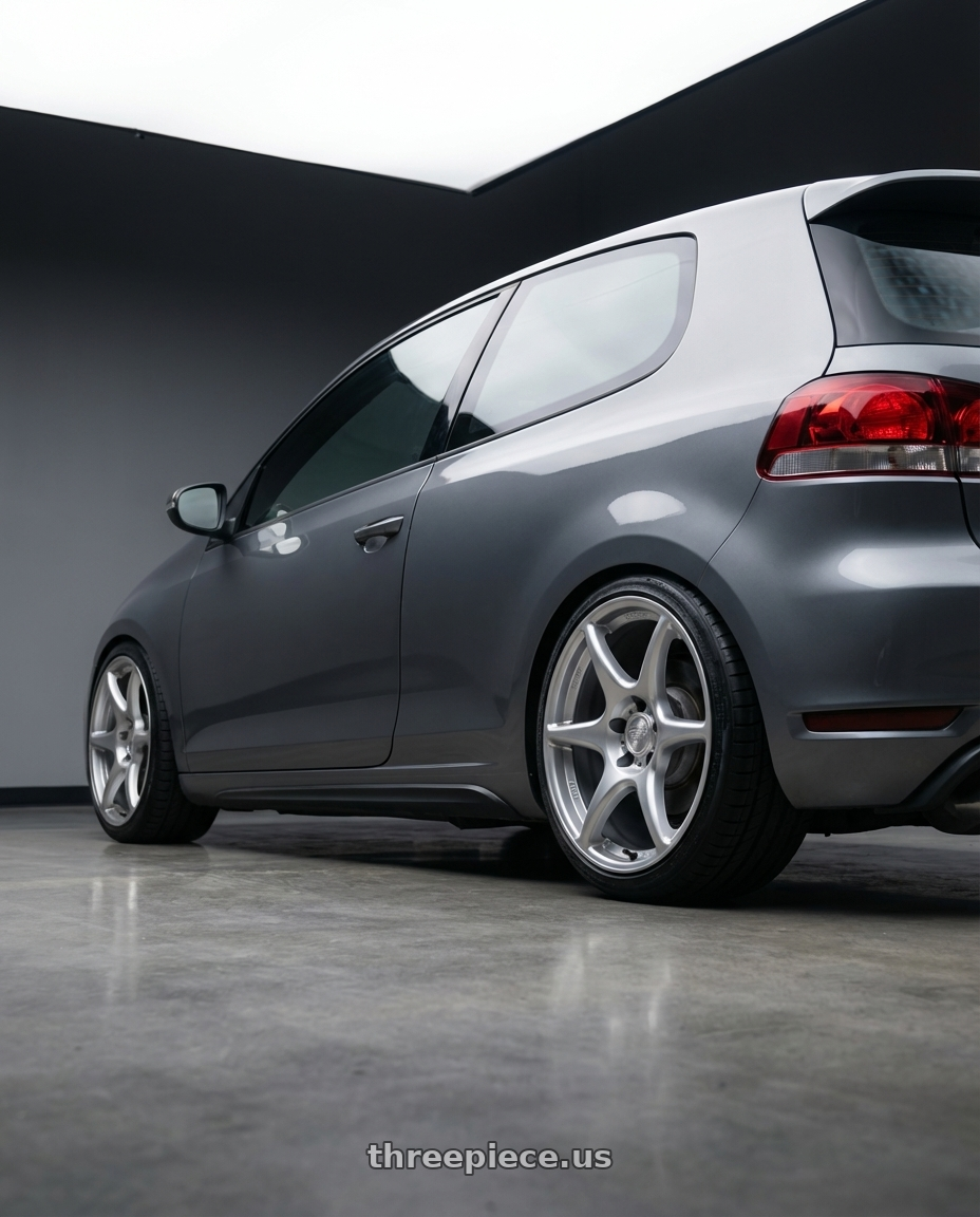 2013 Volkswagen GTI MK6 with Kansei K11S Tandem 5X112 18x8.5 35 Hyper Silver wheels rear three quarter view square tires