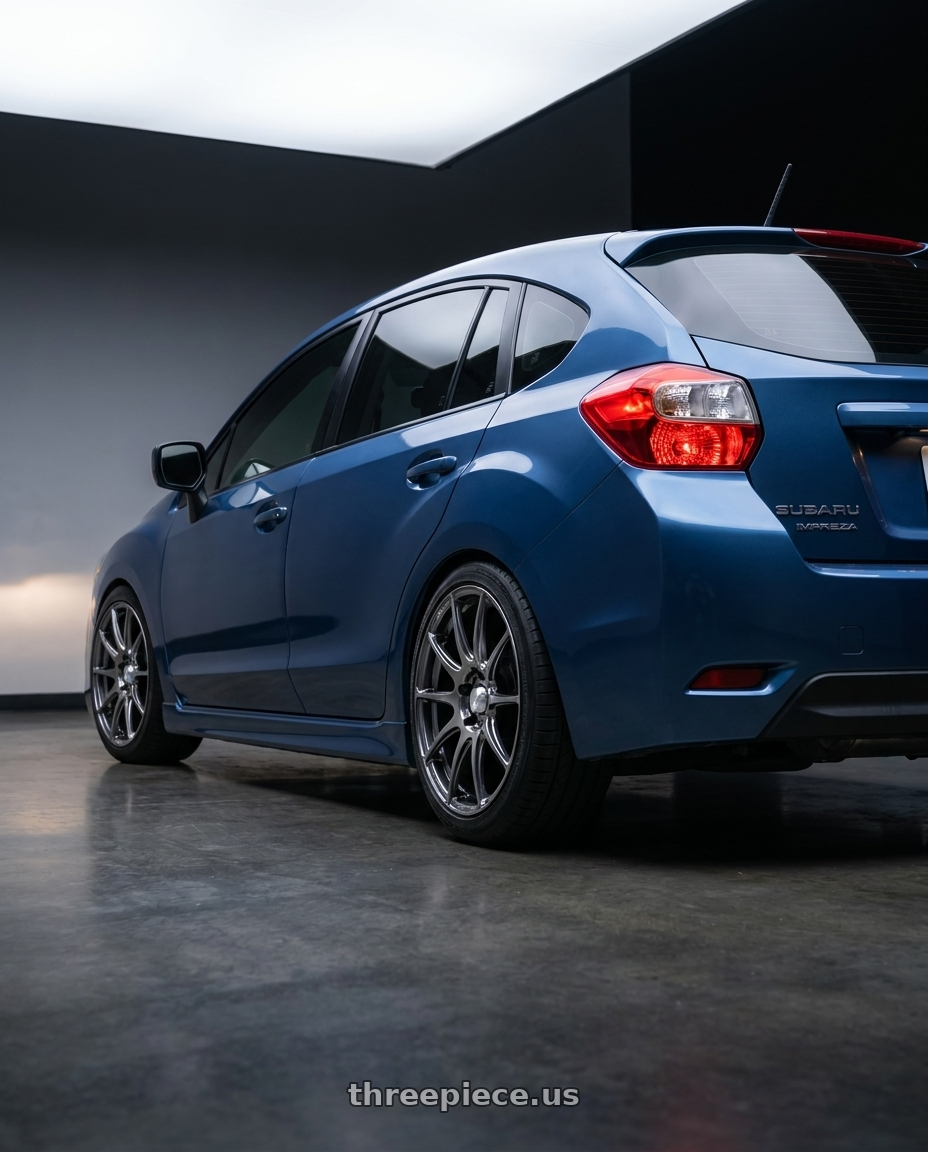 2016 Subaru Impreza  with WedsSport SA-99R 5x114.3 18x8.5+50 Face M / Platinum Silver Black wheels rear three quarter view square tires