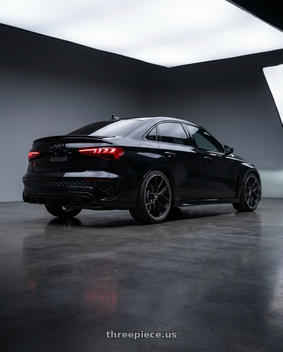 2022 Audi RS3 8Y with BBS CC-R 5x112 19x9.5+42 Satin Black wheels rear three quarter view square tires