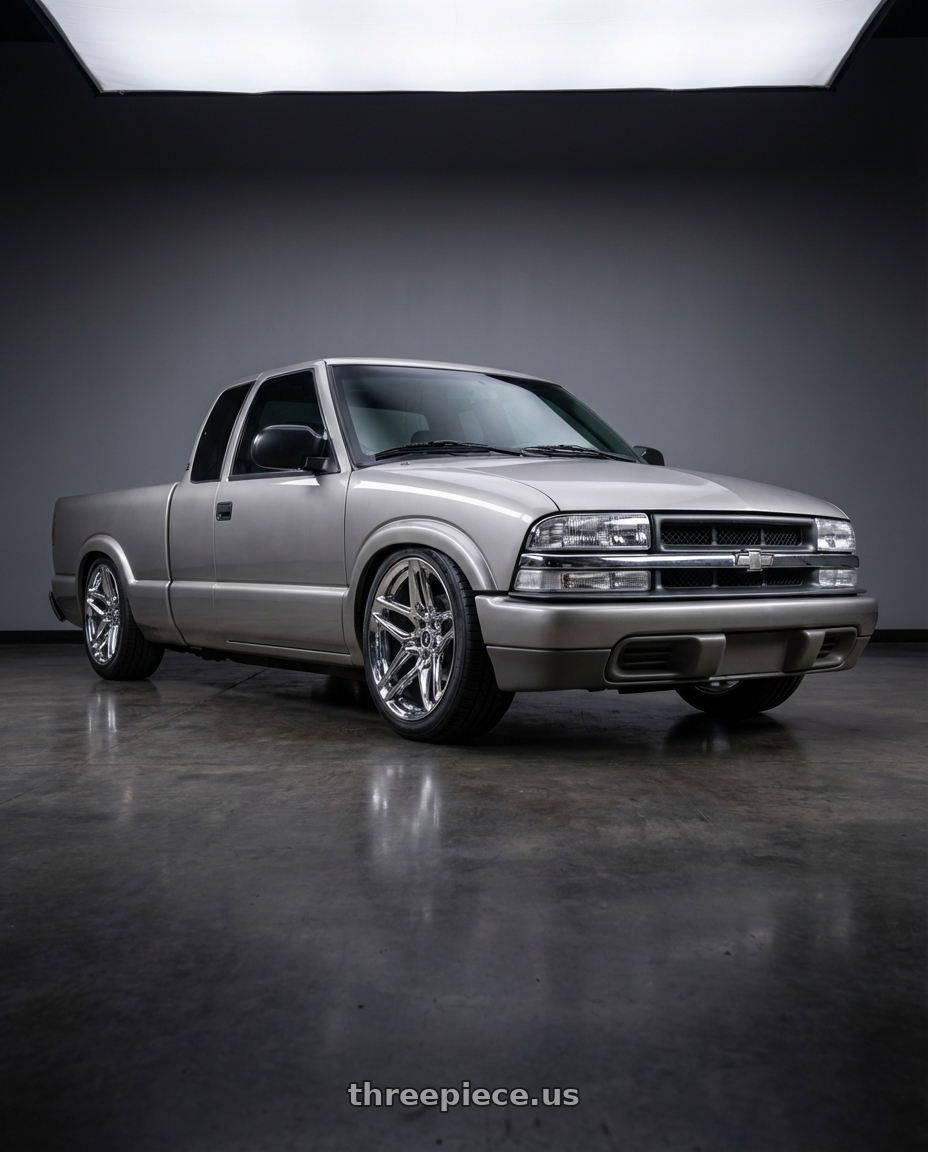 2001 Chevy s10 with HERITAGE WHEEL EBISU MONOC 5x114.3 20x9 +25 CHROME wheels front three quarter view slammed stance