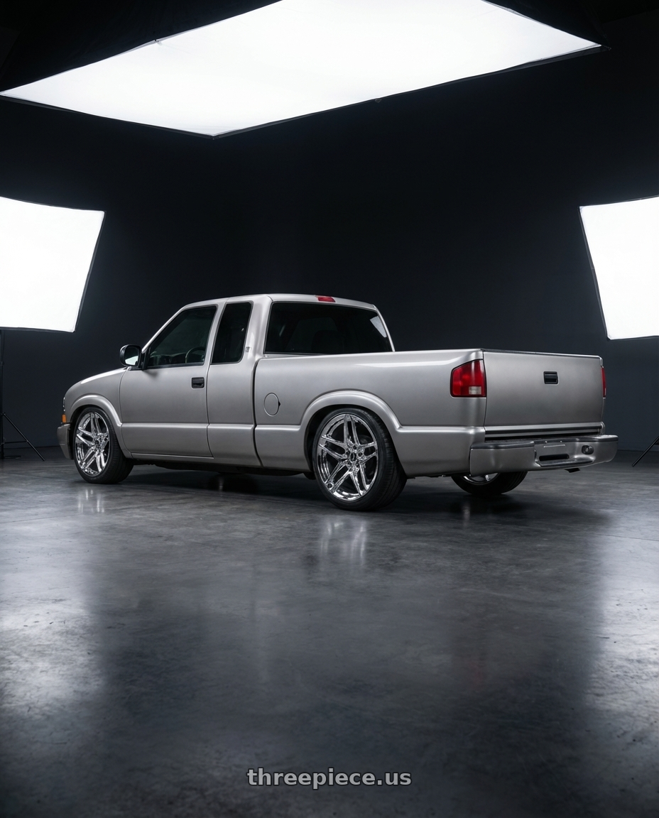 2001 Chevy s10 with HERITAGE WHEEL EBISU MONOC 5x114.3 20x9 +25 CHROME wheels rear three quarter view slight stretch tires