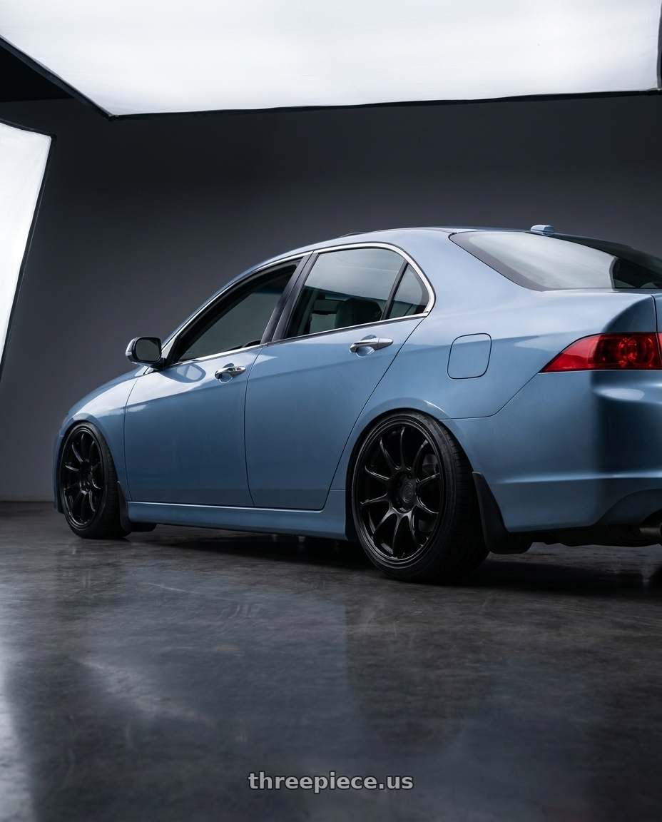 2005 Acura Tsx with Aodhan AH06 5X100 18x9+30 Matte Black wheels rear three quarter view slight stretch tires